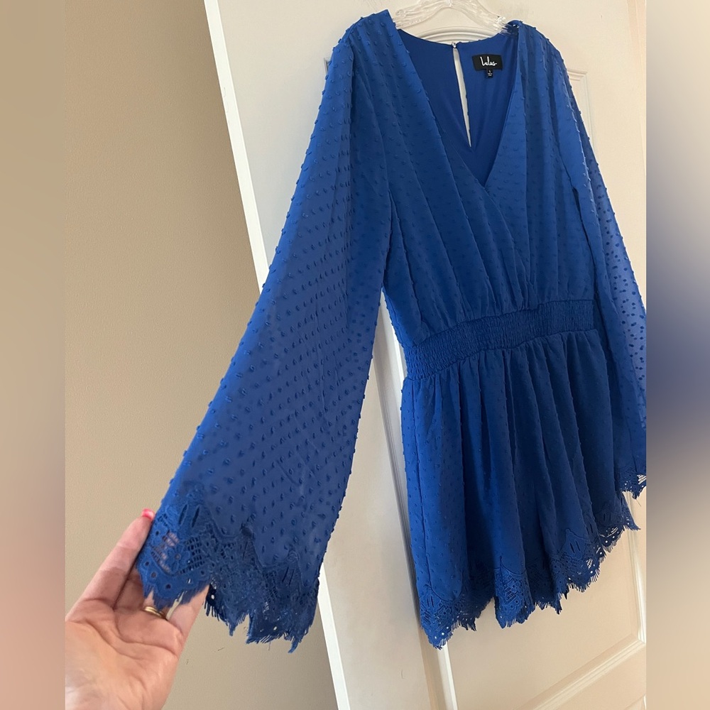Lulu's Royal Blue Lace V-Neck Romper Cinched Waist Women’s Size Large - Picture 6 of 16